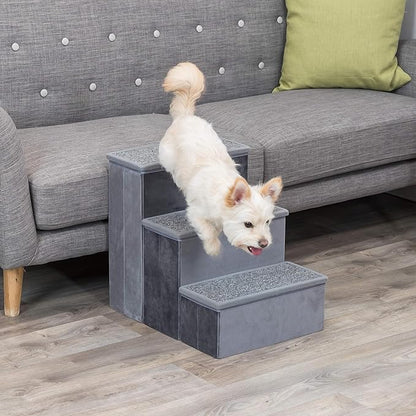 TRIXIE Velour 3-Step Pet Stairs with Storage, Collapsible, Storage Compartments for Pet Toys,Gray