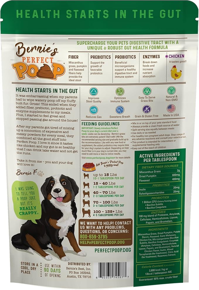 Perfect Poop Digestion & General Health Supplement for Dogs: Fiber, Prebiotics, Probiotics & Enzymes Relieve Digestive Conditions, Optimize Stool, and Improve Health (Chicken, 12.8 oz)