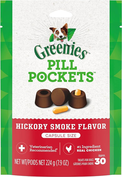 Greenies Pill Pockets for Dogs Capsule Size Natural Soft Dog Treats, Hickory Smoke Flavor, (6) 7.9 oz. Packs (180 Treats)