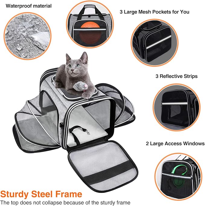 TSA Airline Approved Soft Sided Pet Carrier Top Loading 4 Side Expandable Large Travel Cats Carrier Collapsible with 3 Removable Washable Pads and 3 Pockets for Cats Kitten and Small Dogs