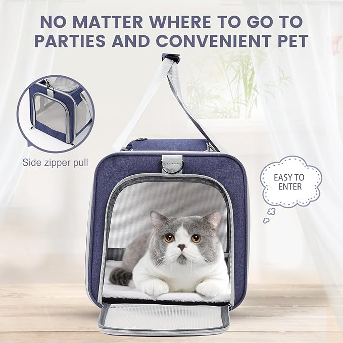 Cat Carrier Dog Carrier Portable Pet Carrier, Soft Sided Fat Cat Carrier Medium Airline Approved, Foldable Bunny Puppy Cat Carrier up to 20lbs, Cat Bag Carrier for Travel (Blue)