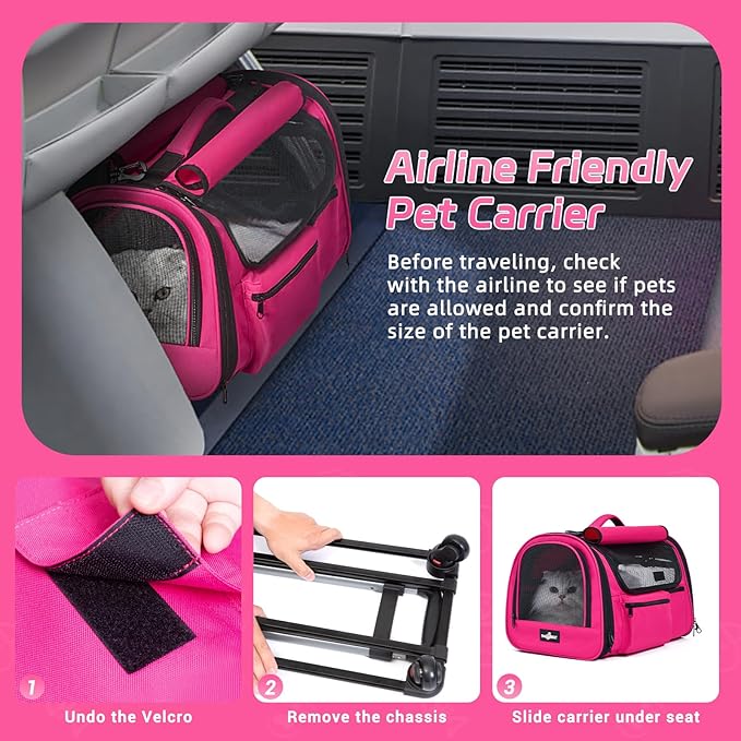 Cat Carrier with Wheels, Foldable Airline Approved Dog Cat Carrier with Wheels for Cat Dog Under 20 lbs, Rolling Cat Carrier Travel Bag with Telescopic Handle for Walking Travel Vet Visits