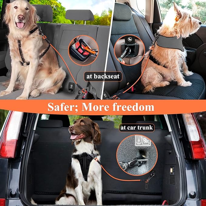 VIVAGLORY Dog Seat Belt, Chew Proof Multi-Functional Waterproof Dogs Safety Belt, Heavy Duty Steel Rope Pet Car Seatbelt Rrestraint Harness for Small Dogs, 16", Orange