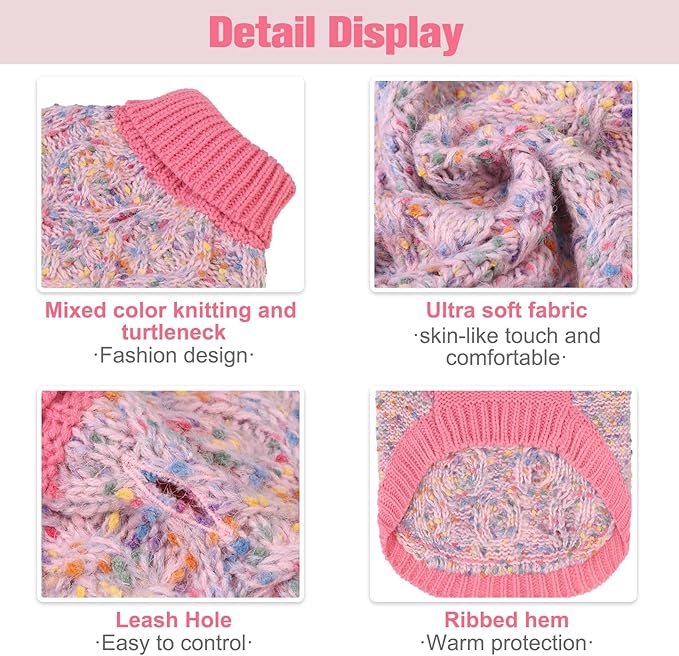 BEAUTYZOO Cable Knit Small Dog Sweater, Color Block with Fuzzy Thread Knitted Turtleneck Dog Knitwear with Dots in a Variety of Colors for Small Medium Dogs Fall Winter Dog Clothes, S Pink