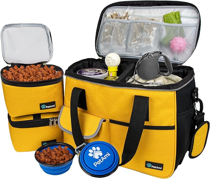 PetAmi Dog Travel Bag, Travel Pet Bag Organizer, Dog Food Travel Bag with Food Container and Bowls, Dog Travel Supplies Gift Accessories for Weekend Camping, Dog Cat Diaper Bag (Yellow, Medium)