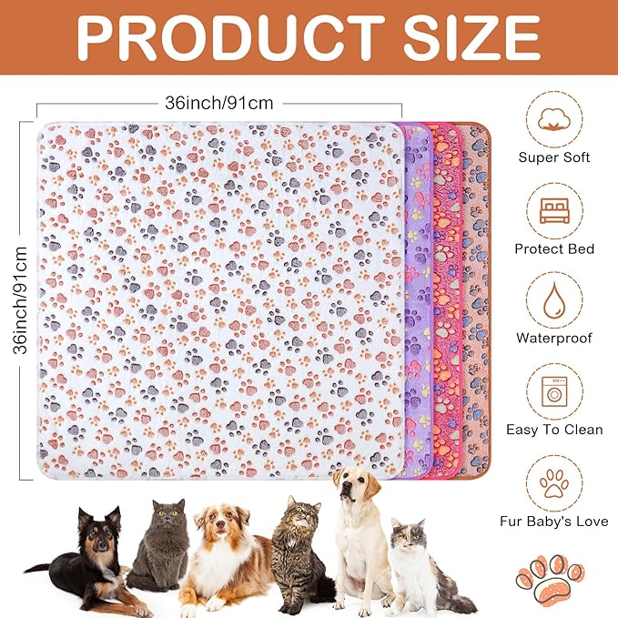 Panelee 4 Pcs Waterproof Dog Blankets Washable Puppy Blanket Paw Print Fleece Blanket for Small Medium pet Cat Whelping Warm Soft Sleep Mat Guinea Pig Cage Liners Blanket (36 x 36 Inch,Multicolor)