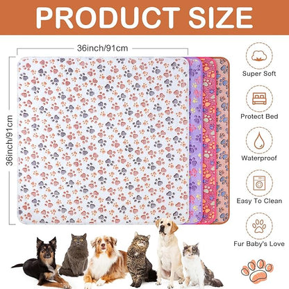 Panelee 4 Pcs Waterproof Dog Blankets Washable Puppy Blanket Paw Print Fleece Blanket for Small Medium pet Cat Whelping Warm Soft Sleep Mat Guinea Pig Cage Liners Blanket (36 x 36 Inch,Multicolor)