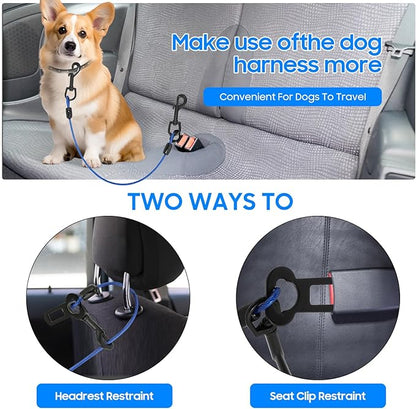 Dog Car Harnesses, Dog Seatbelt of Coated Wire Leash Safety Restraint, No Chew Tether Cable Vehicle Dog Accessories, Double Clips & Latch Attachment (Blue, 24 inch/60 cm)