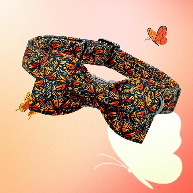Lionheart glory Fall Dog Collar with Bowtie Butterfly Print Dog Collars Heavy Soft Adjustable Dog Collar for Large Dogs Male/Female Dog Bow Collar Pet Gift