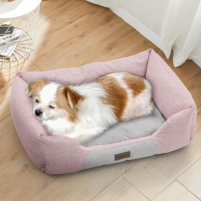 MoNiBloom 27"x21"x7" Dog Beds for Medium Small Dogs Machine-Washable Linen-Like Fabric Pet Beds Warming Cozy Soft Bed for Dogs and Cat