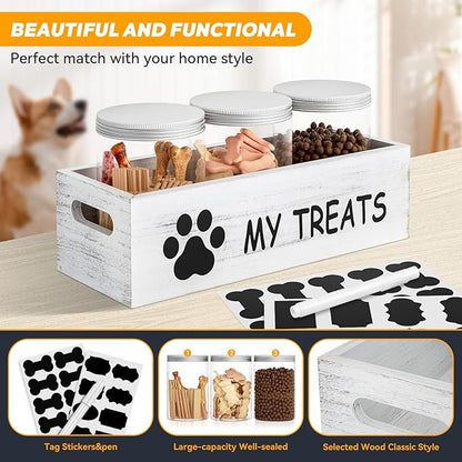 Dog Treat Container for Countertop - Dog Food Storage with 3 Jars - Pet Food Organizer For Puppy - Airtight White Wooden Dog Treat Storage With Lids - Great Gift for Pet Dog Owners