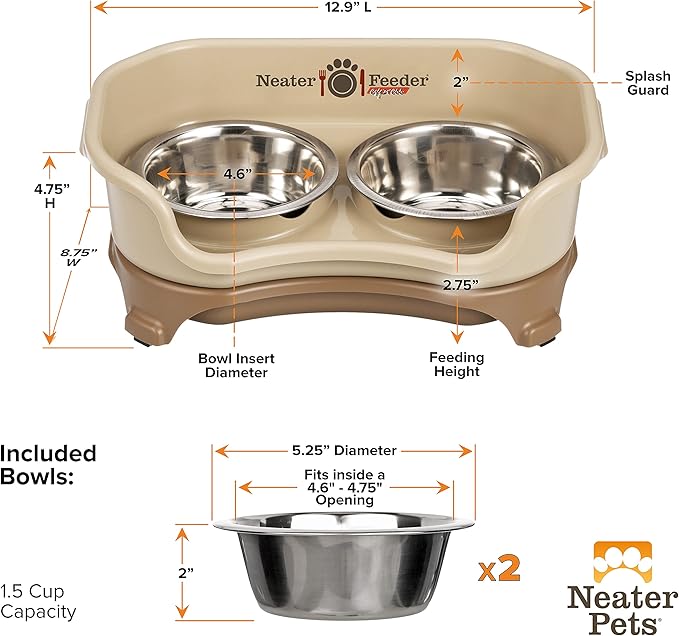 Neater Feeder - Express Model - Mess-Proof Dog Bowls (Small, Cappuccino) – Made in USA – Elevated, No Spill, Non-Tip, Non-Slip, Raised Stainless Steel Food & Water Pet Bowls