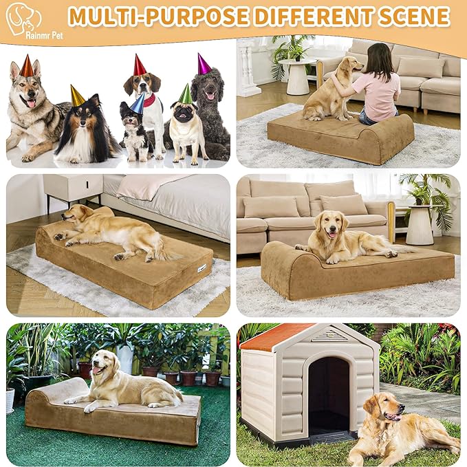 7" Orthopedic Dog Bed for Large Dogs and Extra Large Dogs - XL Dog Bed with Scratch-Resistant Microsuede Cover & Machine Washable Removable Waterproof Cover Jumbo Dog Bed (X-Large, Khaki)