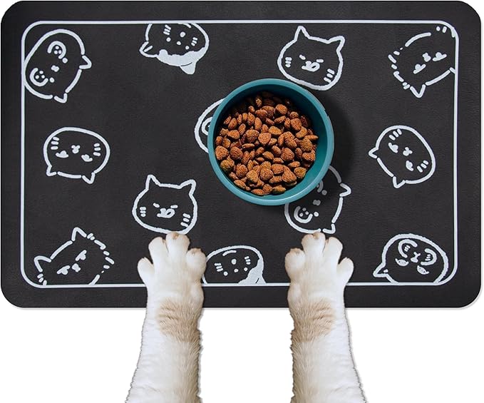 YCT Cat Food Mat for Pet Dog Food Mat, Cat Mat for Food and Water, Cat Feeding Mat Pet Dog Cat Bowl Mat, Non-Slip Super Absorbent, with Multiple cat Heads Logo，24 x 16.9 inches, Black