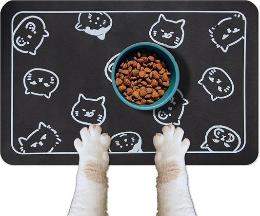 YCT Cat Food Mat for Pet Dog Food Mat, Cat Mat for Food and Water, Cat Feeding Mat Pet Dog Cat Bowl Mat, Non-Slip Super Absorbent, with Multiple cat Heads Logo，24 x 16.9 inches, Black