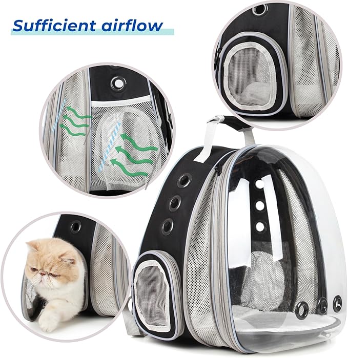 LOLLIMEOW Pet Carrier Backpack, Bubble Backpack Carrier, Cats and Puppies,Airline-Approved, Designed for Travel, Hiking, Walking & Outdoor Use (Front Expandable-Black)