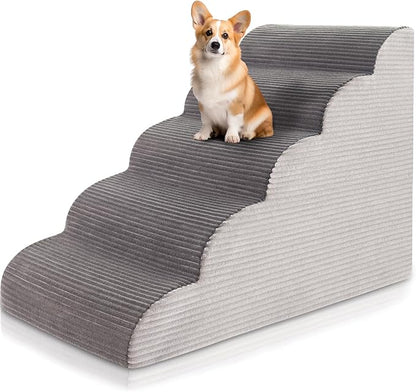 22.6”H Curved Dog Stairs for High Beds, Pet Steps with Durable Non-Slip Washble Fabric Cover, Pet Stairs for High Bed Climbing, Dog Steps for Small Dogs and Cats, 5-Tiers（33" D x 15.7" W）