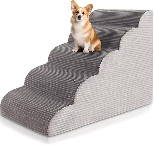 22.6”H Curved Dog Stairs for High Beds, Pet Steps with Durable Non-Slip Washble Fabric Cover, Pet Stairs for High Bed Climbing, Dog Steps for Small Dogs and Cats, 5-Tiers（33" D x 15.7" W）