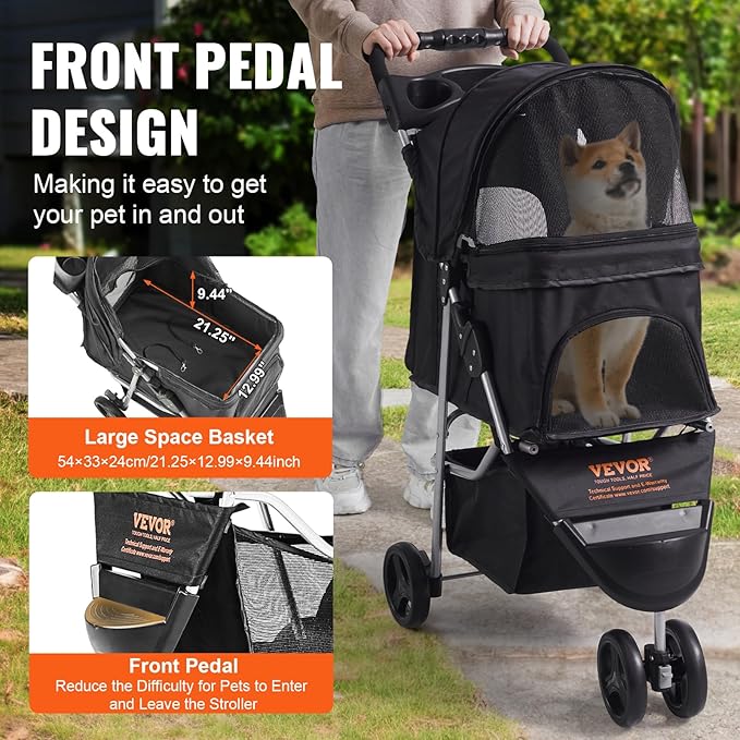 VEVOR Dog Stroller for Small Medium Dogs Up to 35lbs 3 Wheels