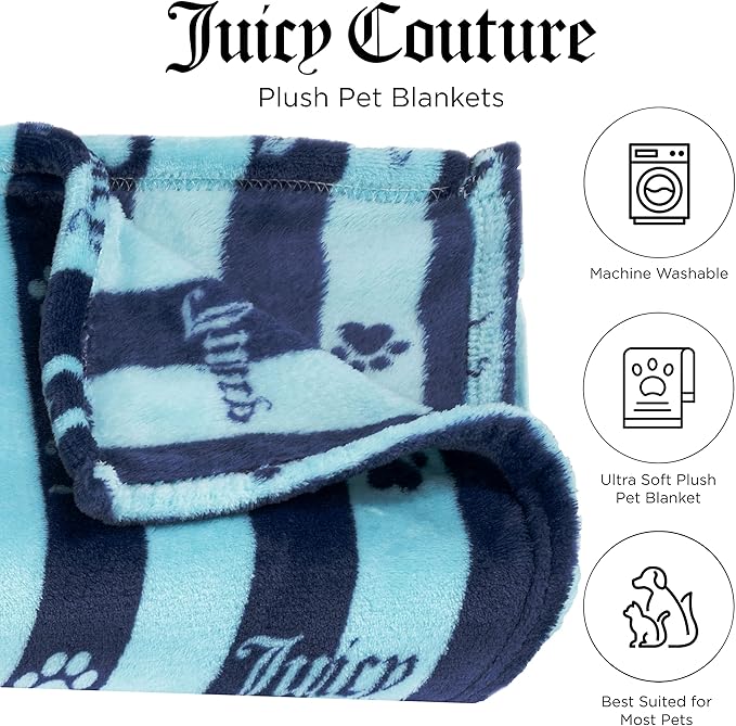 Juicy Couture Navy/Turquoise Blue Stripe Dog Blanket – Plush Puppy Blanket Throw, Printed, Breathable, Lightweight, Machine Washable, Cat Blanket for Small Medium & Large Pets