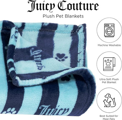 Juicy Couture Navy/Turquoise Blue Stripe Dog Blanket – Plush Puppy Blanket Throw, Printed, Breathable, Lightweight, Machine Washable, Cat Blanket for Small Medium & Large Pets