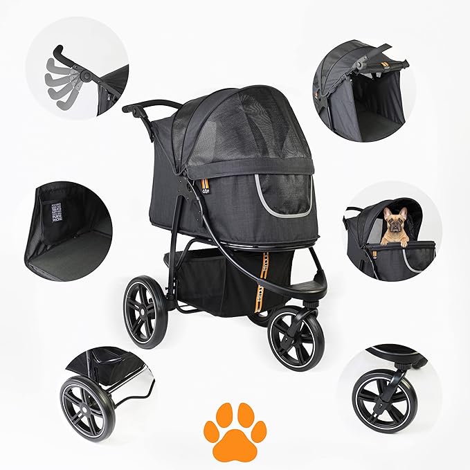 Pet 3-Wheel Stroller 70 lbs, 360-Degree Swivel