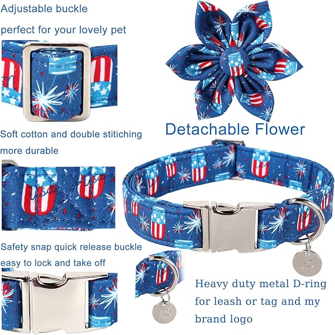 Patriotic Dog Collar with Flower 4th of 16-24in