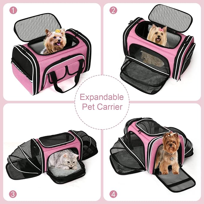 Estarer Soft Sided Pet Carrier Airline Approved, 4 Sides Expandable Collapsible Cat Carrier with Pockets & Removable Fleece Pad, Travel Carrier Bag for Cat Dog & Small Animals (Pink)