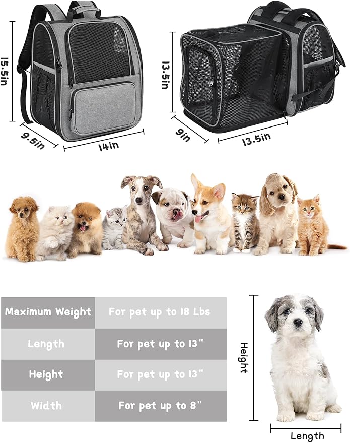 Expandable Cat Backpack Carrier, Pet Carrier Backpack Foldable Designed for Travel Airline-Approved,Breathable Mesh Dog Carrier Backpack for Small Cats Dogs Car,Outdoor,Hiking,Camping