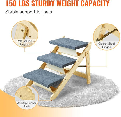 VEVOR Wood Pet Stairs/Pet Steps 2-in-1 Foldable 3 Steps 150 lbs