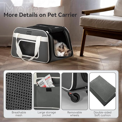 PETSFIT Airline Approved Cat Carrier with Wheels Designed for Small Dogs/Cats with Adjustable Safety Rope & Removable Wheels