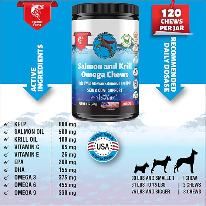 Wild Alaskan Salmon Krill Oil Chews for Dogs - 120 Soft Treats - Omega 3 6 9 Fish Supplement EPA, DHA for Itch-Free Skin Coat Joints - Allergy Relief - Reduce Hair Shedding - Made in USA