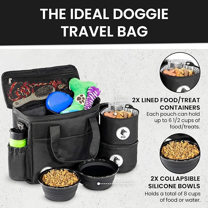 Black Dog Travel Bag for Supplies - Includes Travel Bag, Travel Dog Bowls, Food Storage - Airline Approved Dog Bags for Traveling - Dog Travel Accessories for Camping, Beach