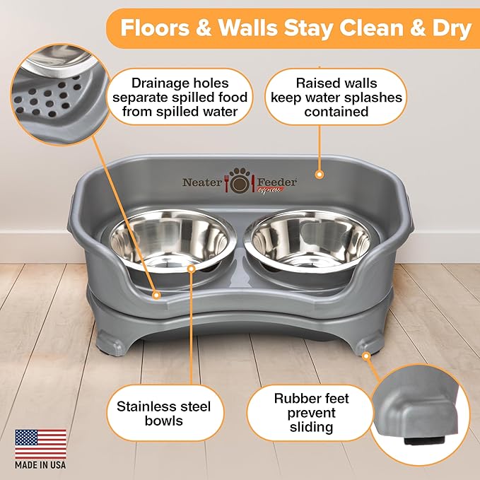 Neater Feeder - Express Model - Mess-Proof Dog Bowls (Small, Gunmetal Grey) – Made in USA – Elevated, No Spill, Non-Tip, Non-Slip, Raised Stainless Steel Food & Water Pet Bowls