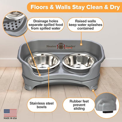 Neater Feeder - Express Model - Mess-Proof Dog Bowls (Small, Gunmetal Grey) – Made in USA – Elevated, No Spill, Non-Tip, Non-Slip, Raised Stainless Steel Food & Water Pet Bowls