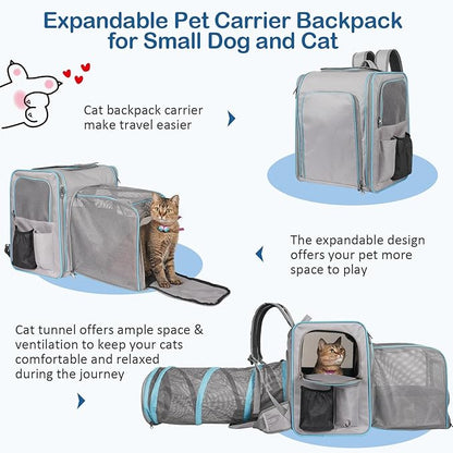 Cat Carrier Backpacks, Expandable Cat Carrier with Litter Box, Cat Carrier Backpack with Collapsible Tunnel, Portable Cat Carrier for Car Travel, Pet Travel Carrier with Litter Box for Long Car Travel