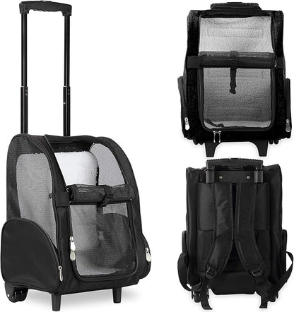 KOPEKS Deluxe Backpack Pet Travel Carrier with Double Wheels - Black - Approved by Most Airlines