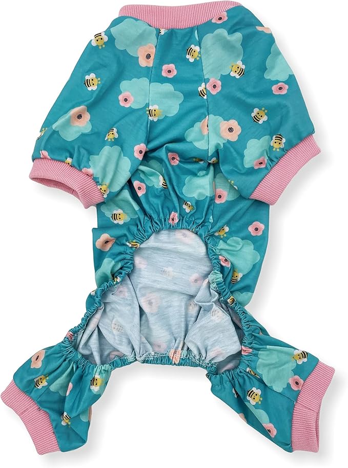 Dog Pajamas Soft COTTON Blend Jumpsuit Cute Pet Clothes for Small Medium Pet (Light Blue Bees, L: Length 18", Chest 22" - 26")