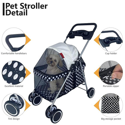4 Wheels Posh Foldable Pet Stroller for Medium Small Dogs/Cats 33lbs(Black Dot)