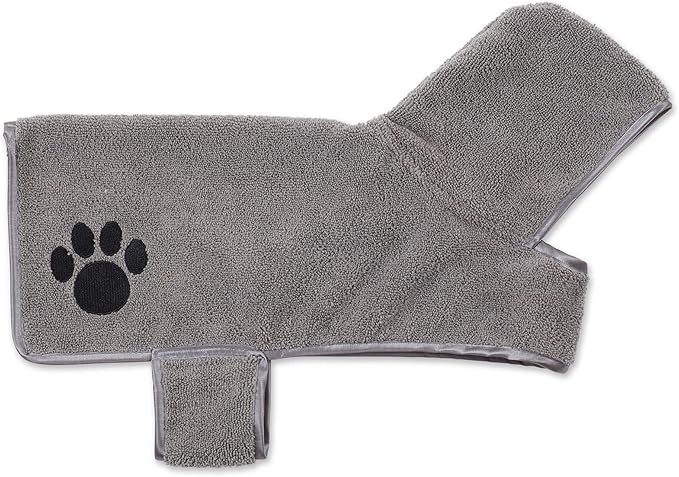 Bone Dry Pet Robe Collection, Embroidered Absorbent Microfiber Bath Robe with Adjustable Closure, for Dogs & Cats, Small, Gray