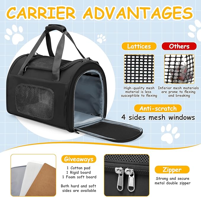 Cat Carrier Soft, Pet Dog Carrier Soft-Sided Airline Approved, Pet Travel Carrier Up to 20lbs, Collapsible Cat Carrier Dog Carrier for Medium Cats Small Dogs, Black