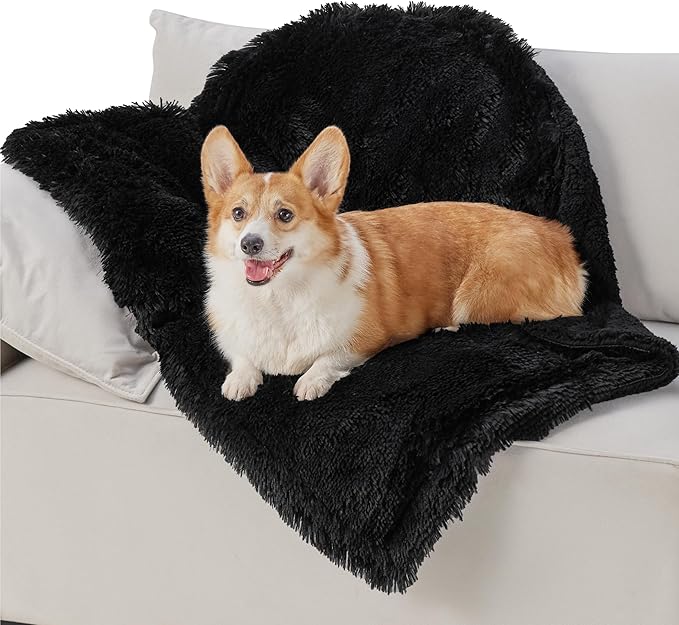 Bedsure Waterproof Dog Blankets for Medium Dogs - Calming Cat Blanket for Couch Protector Washable, Long Faux Fur Pet Throw Blanket for Puppy, Reversible Furniture Protection, 30"x40", Black