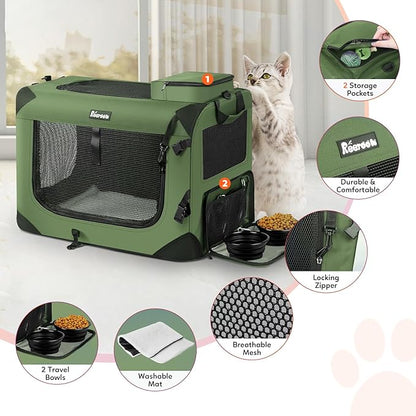 Large Cat Carrier 24"x17"x17", Soft Dog Crate with 2 Bowls, Collapsible Travel Pet Carrier Bag for Cats Dogs Puppies Kittens (Green)