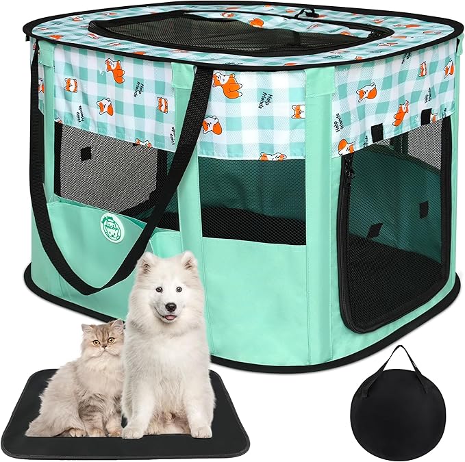 Dog Playpen Portable Pet Playpen Foldable Pet Play Pen for Cat Puppies Pop Up Dog Kennel Exercise Pen Tent with Mat and Carry Bag, Green-S