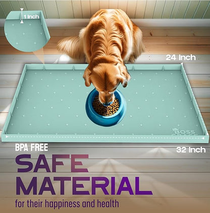 32x24x1” XL Dog Food Mat - All Purpose Silicone Pet Food Mat, Cat Litter Mat, Under Sink Mat - Raised Edges Dog Mat for Food and Water Prevent Spill, Waterproof Cat Food Mat Protect Floors