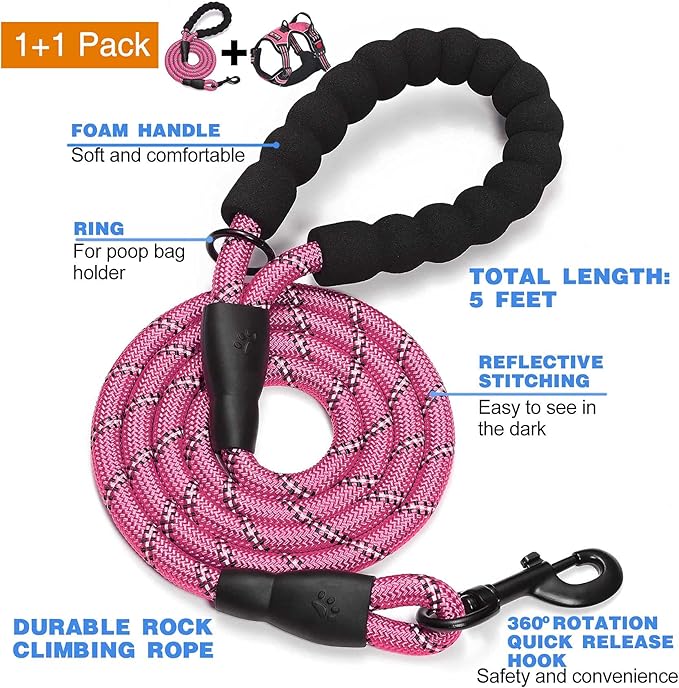 tobeDRI No Pull Dog Harness Adjustable Reflective Oxford Easy Control Medium Large Dog Harness with A Free Heavy Duty 5ft Dog Leash (S (Neck: 13"-18" 17.5"-22"), Pink