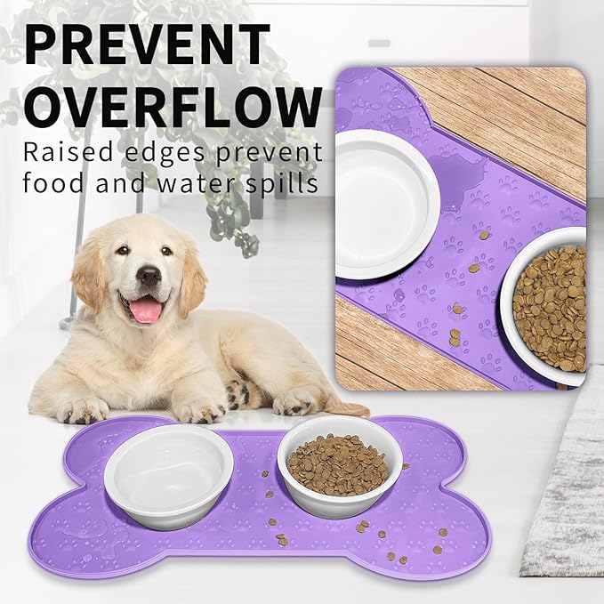 Dog Food Mat Anti-Slip Silicone Dog Bowl Mat Thicker Pet Placemat Waterproof Cat Feeder Pad with Raised Edge Puppy Kitten Feeding Mats Suitable Small Medium-Sized Dogs Cats Eating Tray