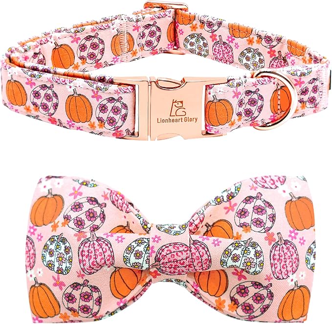 Lionheart glory Fall Dog Collar with Bowtie Halloween Pumpkin Dog Collars Bow Tie Heavy Soft Adjustable Collar for Large Dogs Thanksgiving Day Dog Bow Collar Pet Gift
