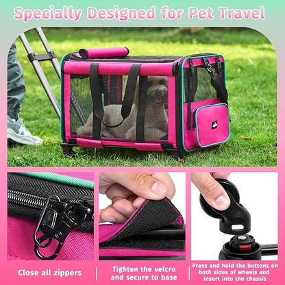 Large Cat Carrier with Wheels, Foldable Rolling Cat Carrier for 2 Cats with Wheels for Cat Dog Under 30 lbs, Cat Carrier Travel Bag with Large Pocket for Outdoor, Pink