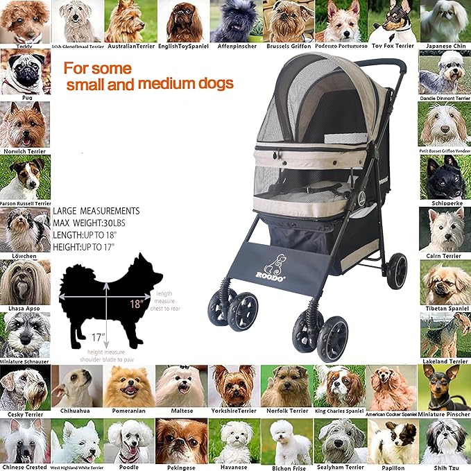 ROODO Dog Stroller 4 Wheel Pet Stroller Cat 30lbs(Light Khaki)